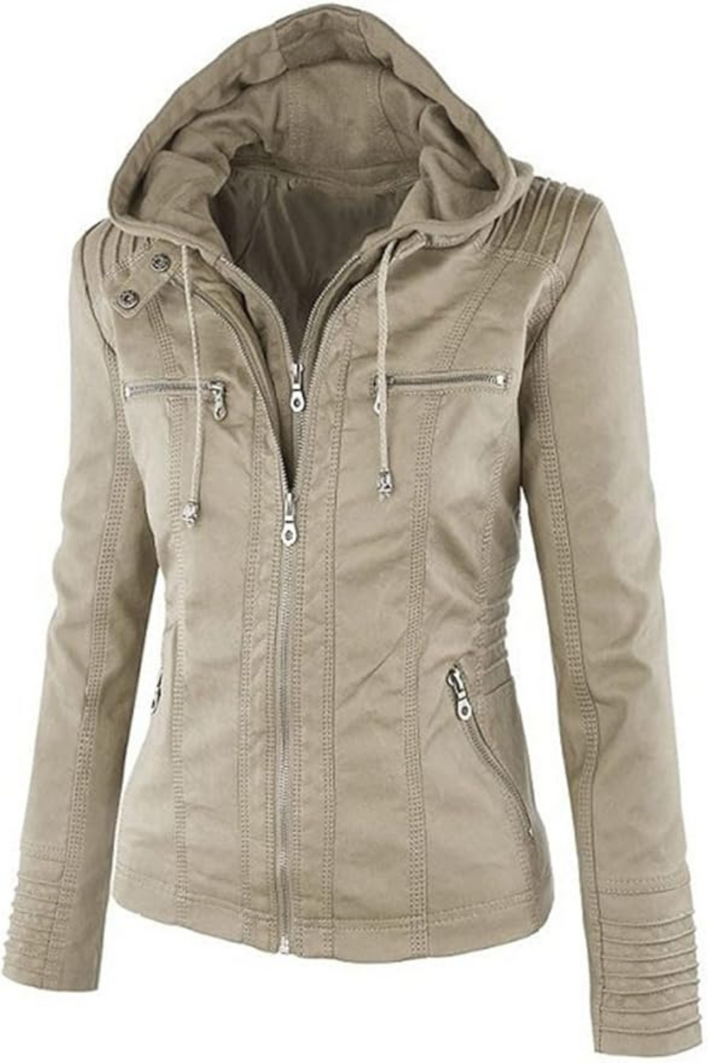 Eva Weather-Resistant Hooded Leather Jacket Beige