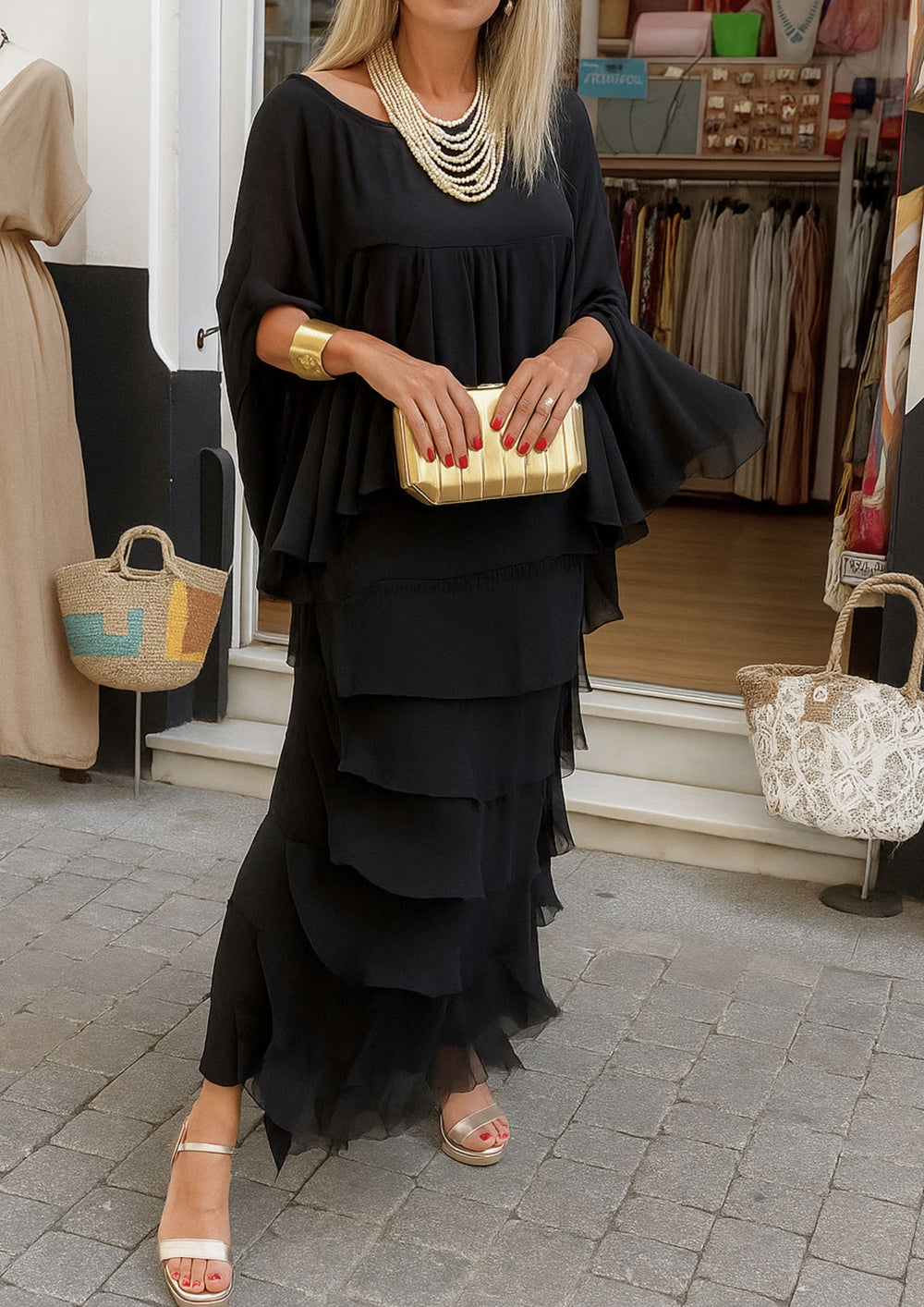 Amara Asymmetric Ruffle Maxi Dress in Black