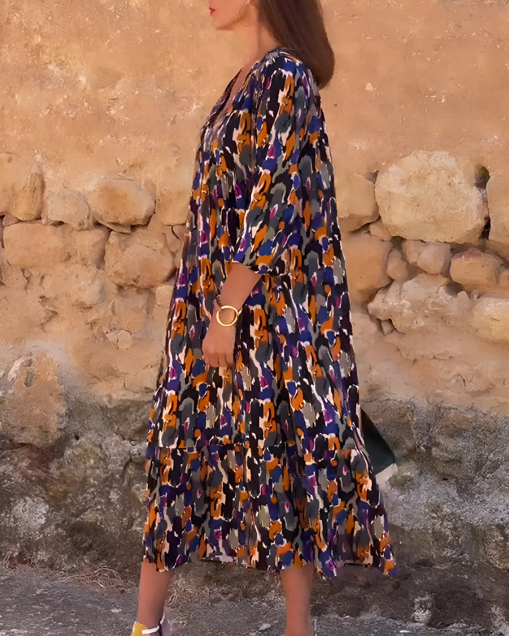 Nathalie Retro Print V-Neck Dress