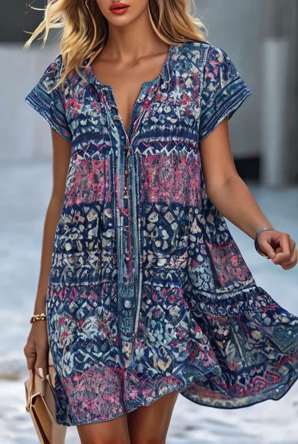 Vivid Print Short-Sleeve V-Neck Shift Mini Dress for Everyday