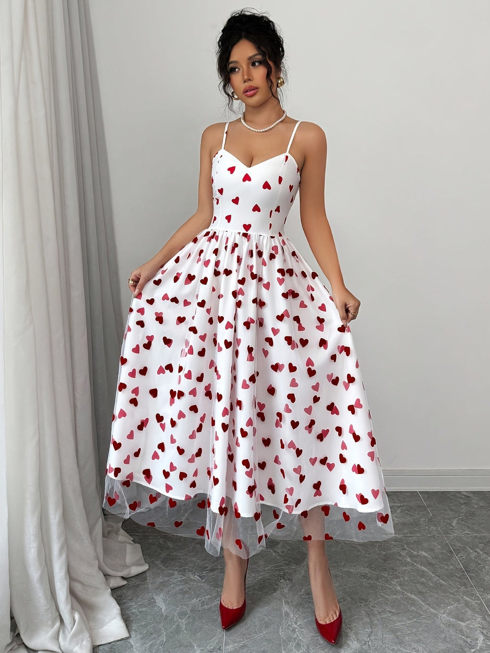 Amora Heart-Print Chiffon Slip Dress for Date Nights