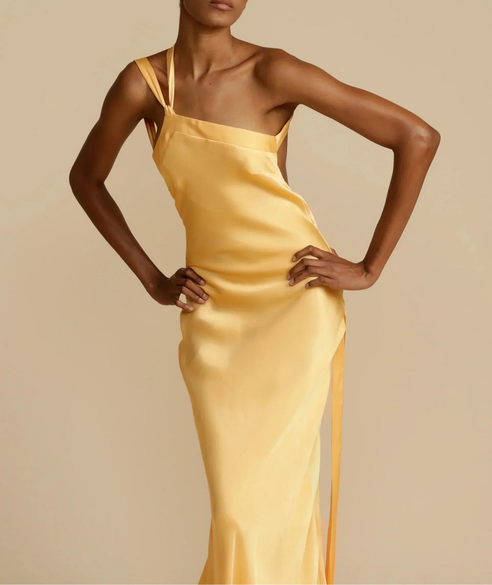 Asymmetric One-Shoulder Satin Gown with Open Back
