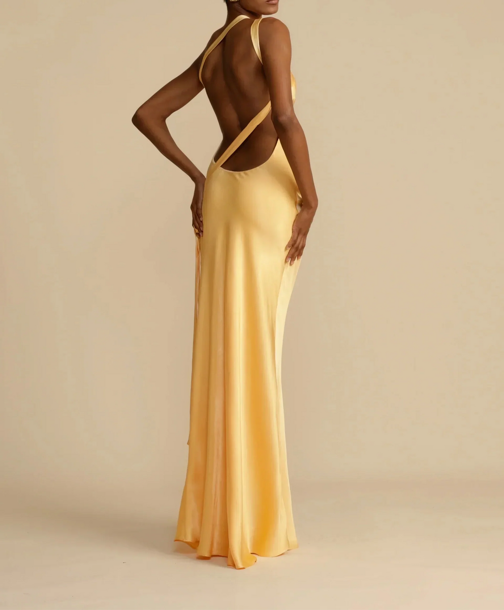 Asymmetric One-Shoulder Satin Gown with Open Back