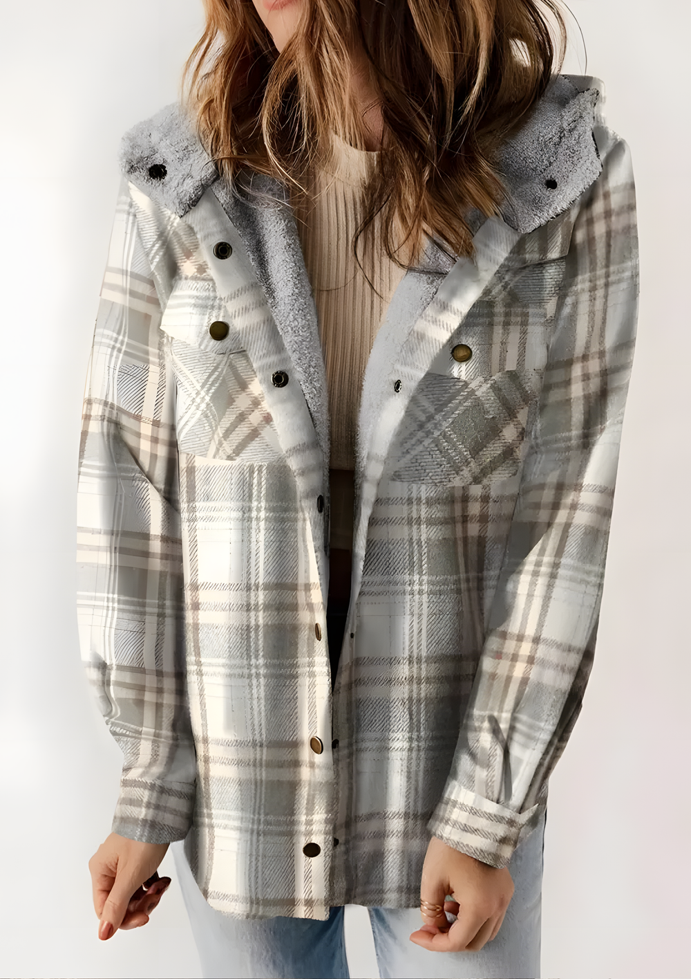 Yseldis Cozy Warm Plaid Fleece-Lined Jacket - Gray