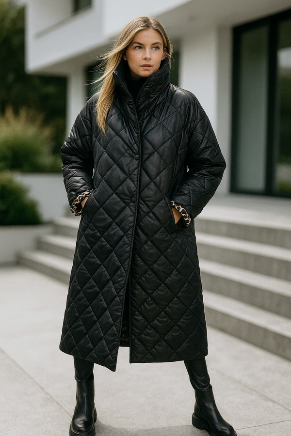 Shanaia Long Quilted Leopard-Lined Elegant Coat Jacket