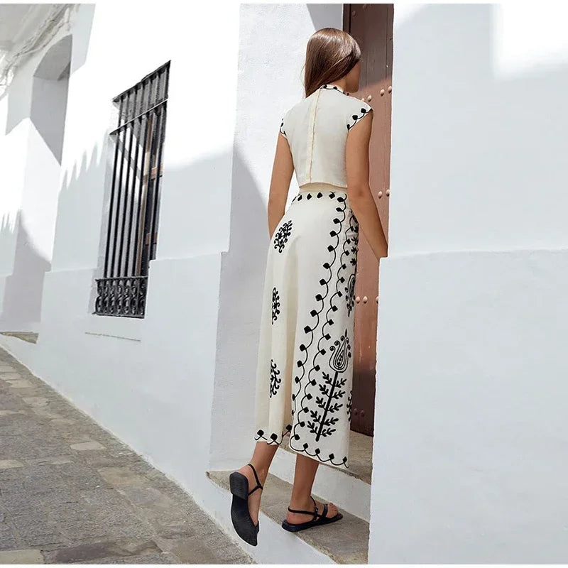 Embroidered Ethnic-Print Crop Top and Wrap Skirt Set