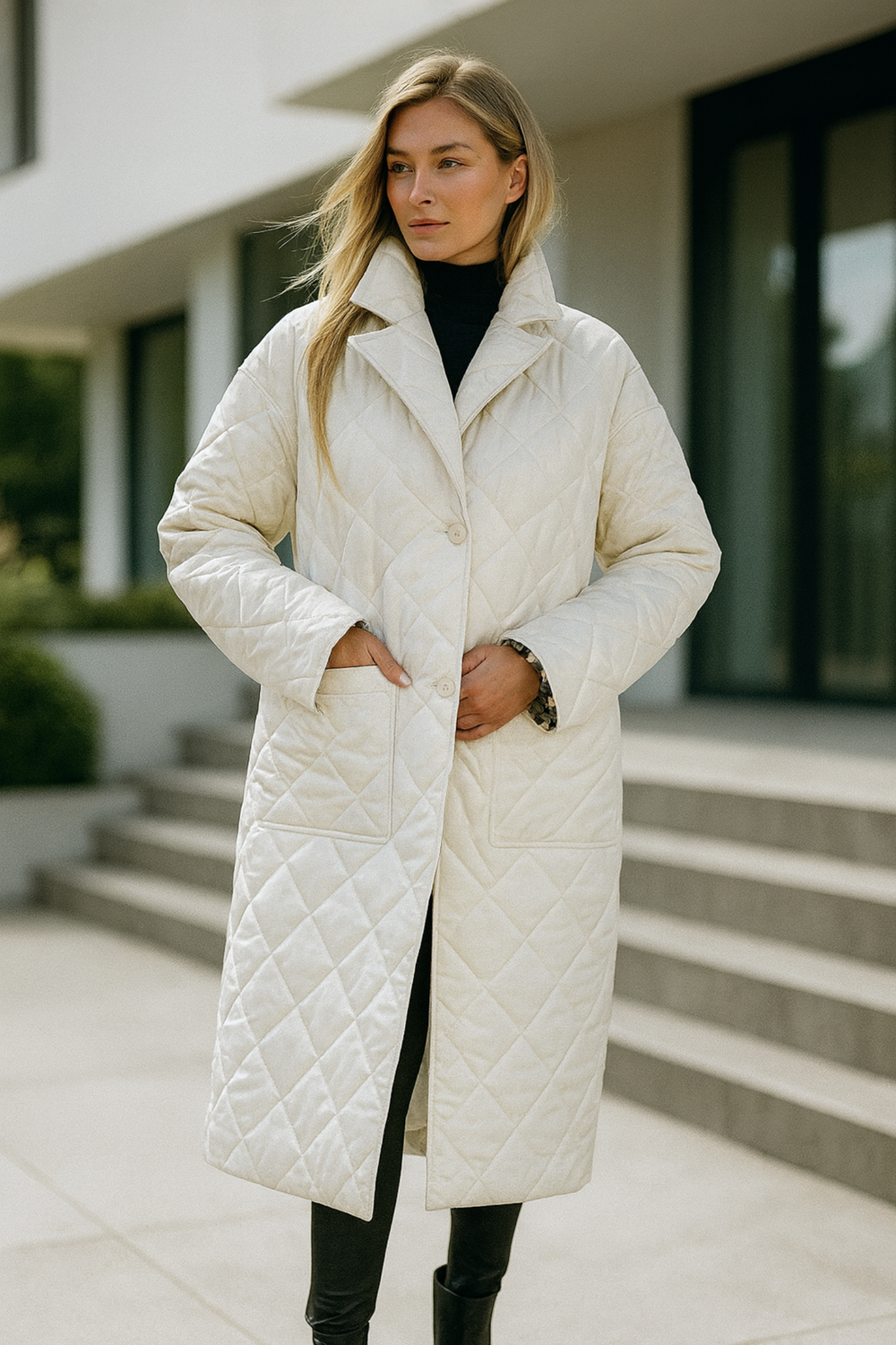 Shanaia Long Quilted Leopard-Lined Elegant Coat Jacket