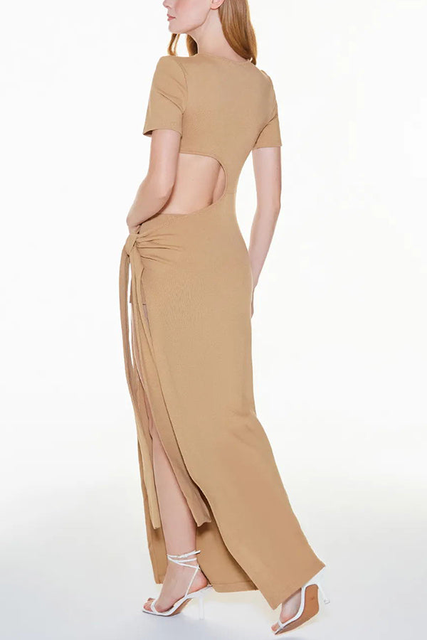 Long Ribbed Dress with Slit and Side Bow