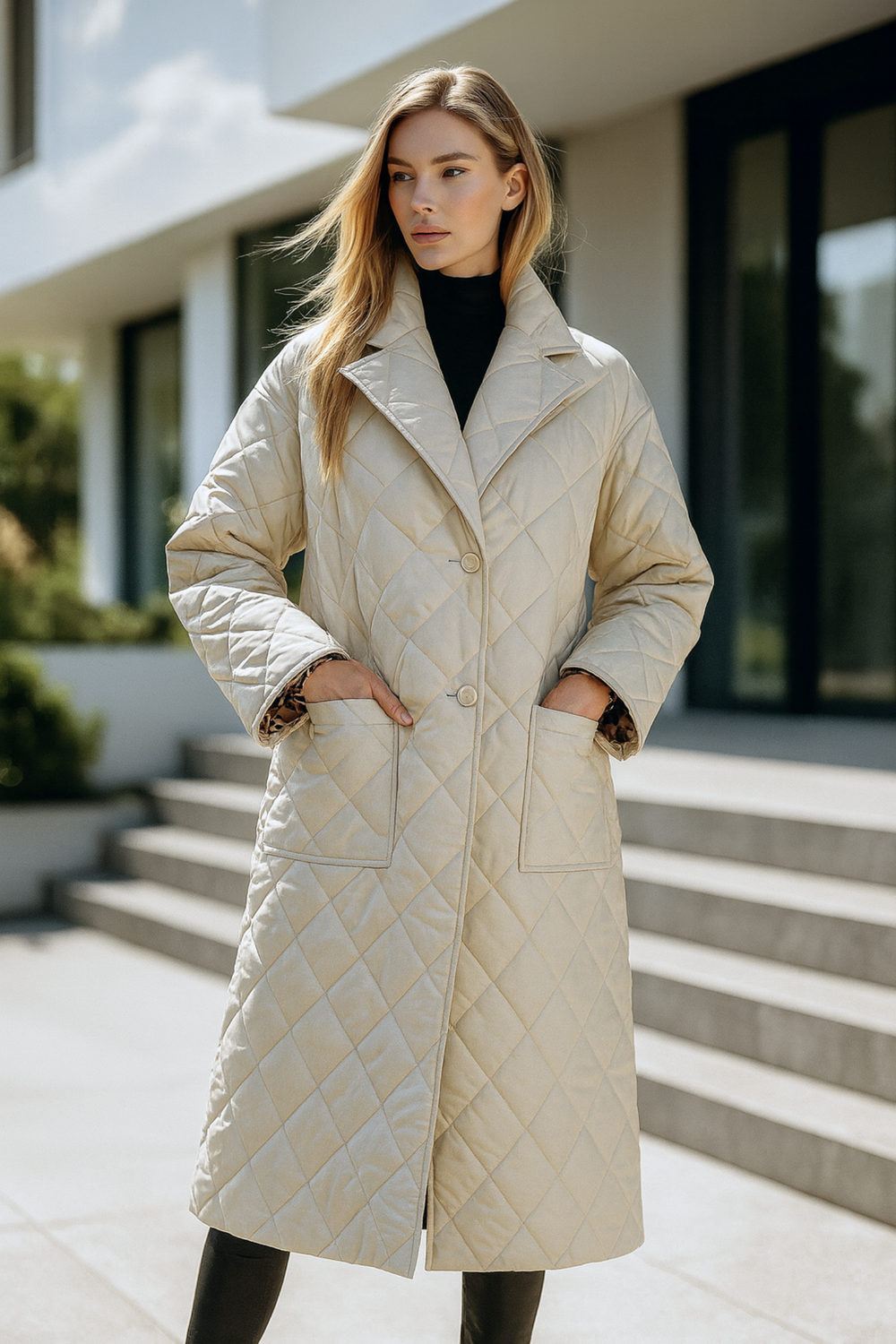 Shanaia Long Quilted Leopard-Lined Elegant Coat Jacket