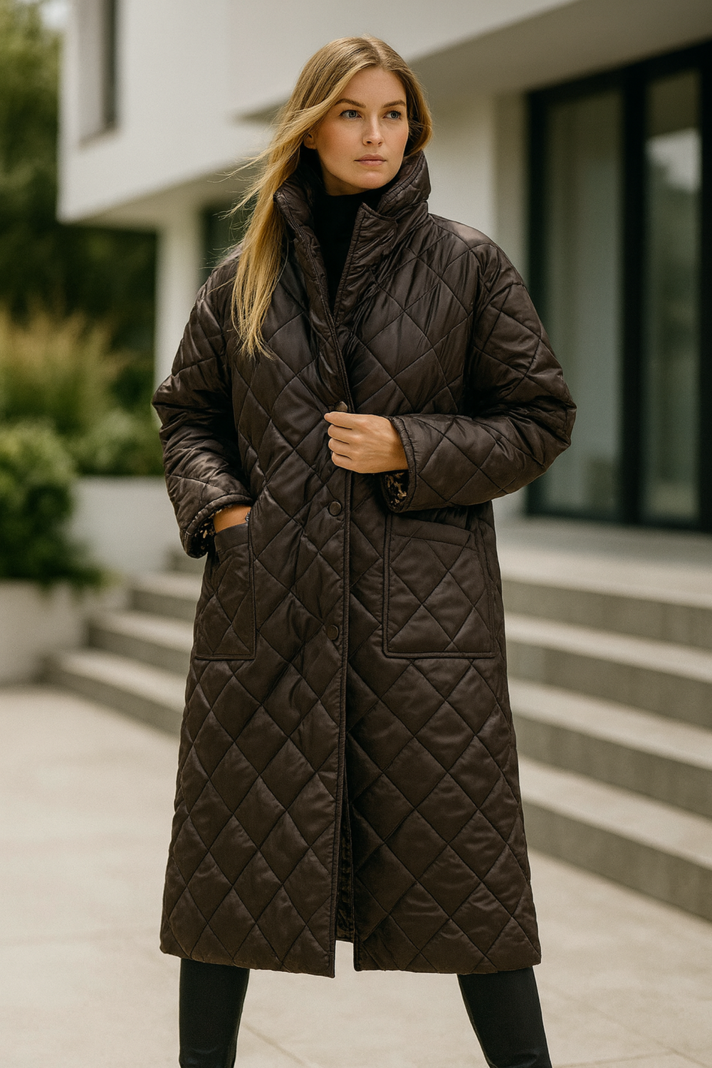 Shanaia Long Quilted Leopard-Lined Elegant Coat Jacket
