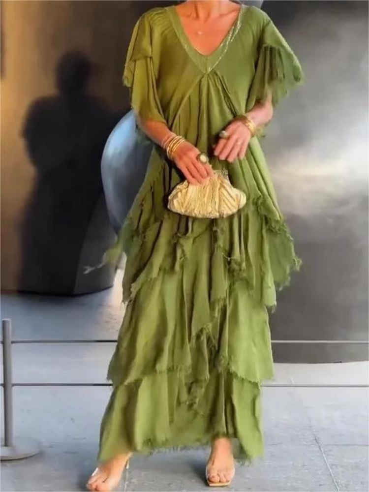 Savane Flowing Long Sleeve V-Neck Dress