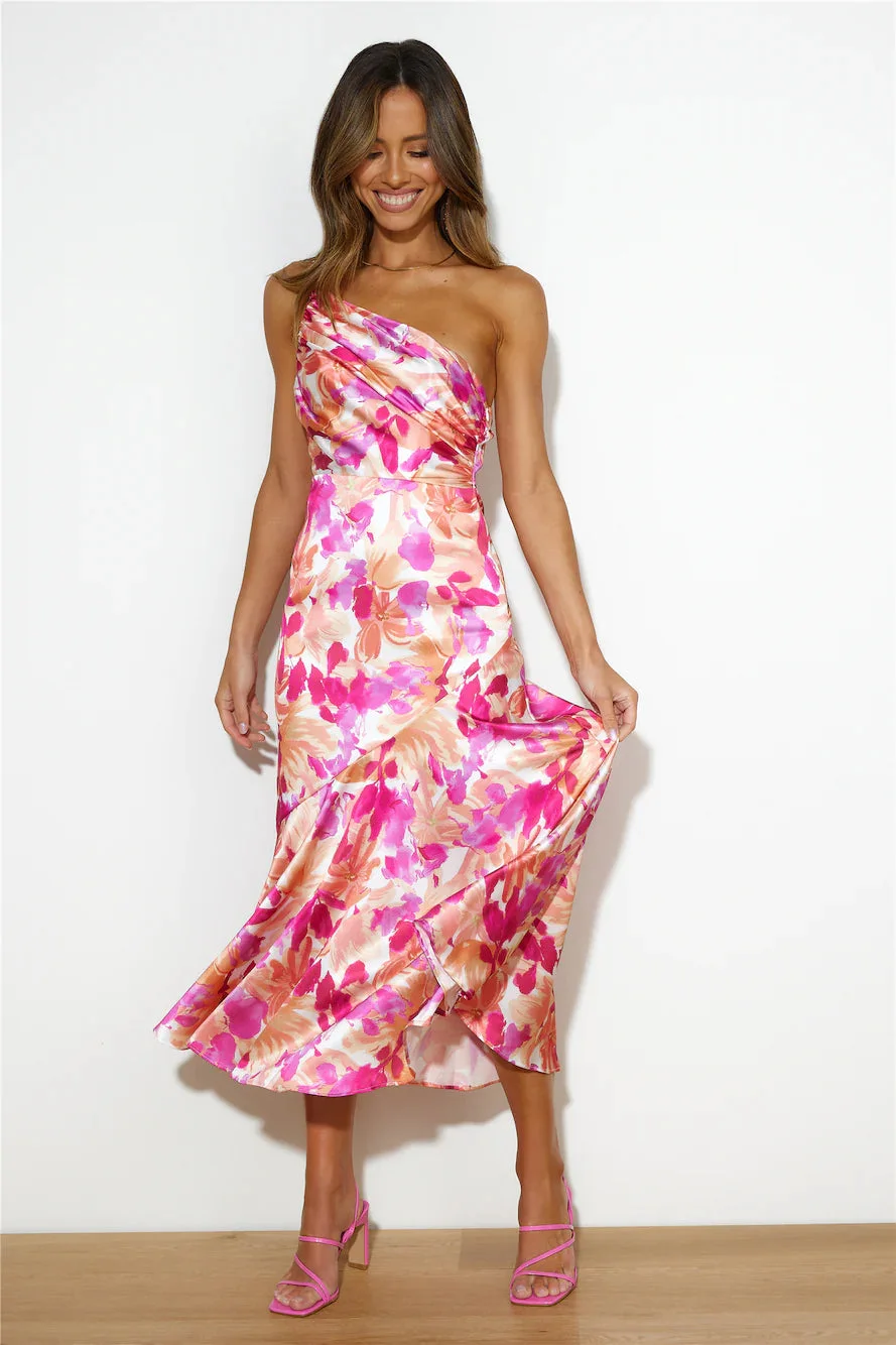 Asymmetric Floral Satin Ruched Dress