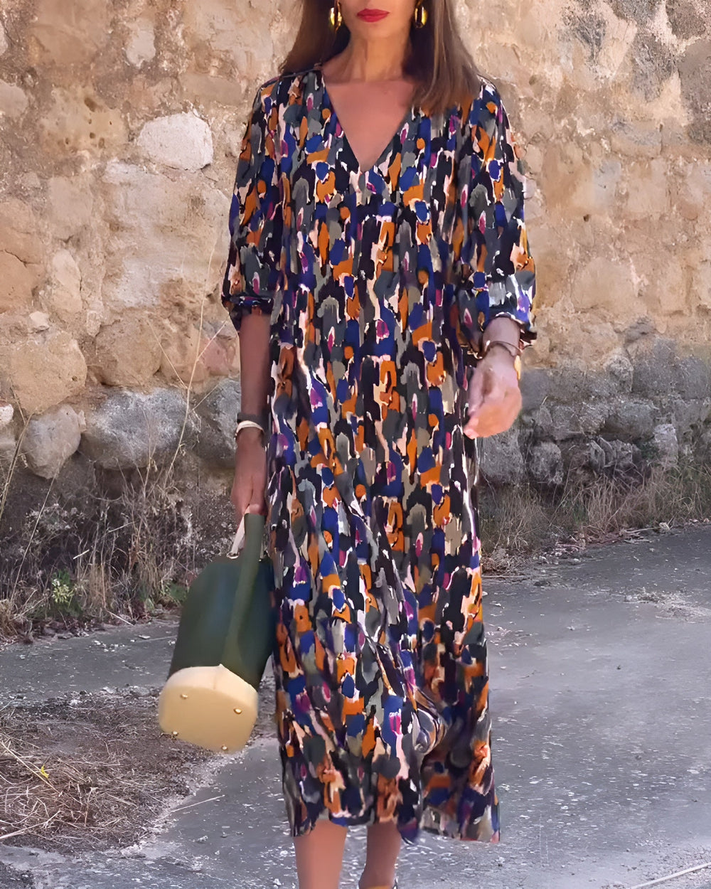 Nathalie Retro Print V-Neck Dress
