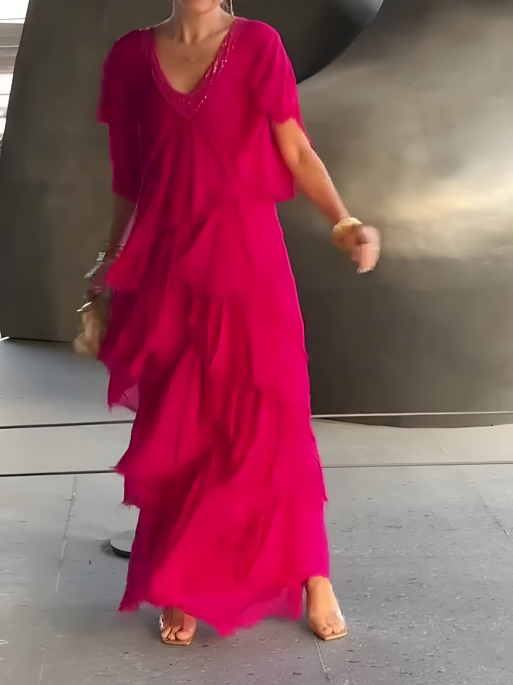 Pleated V-Neck Maxi