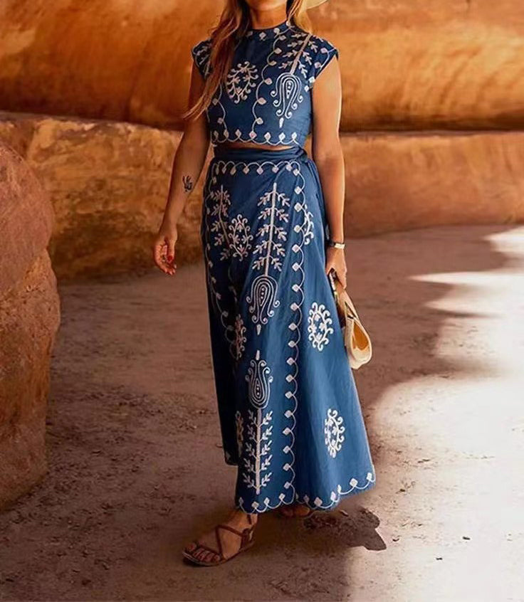 Embroidered Ethnic-Print Crop Top and Wrap Skirt Set