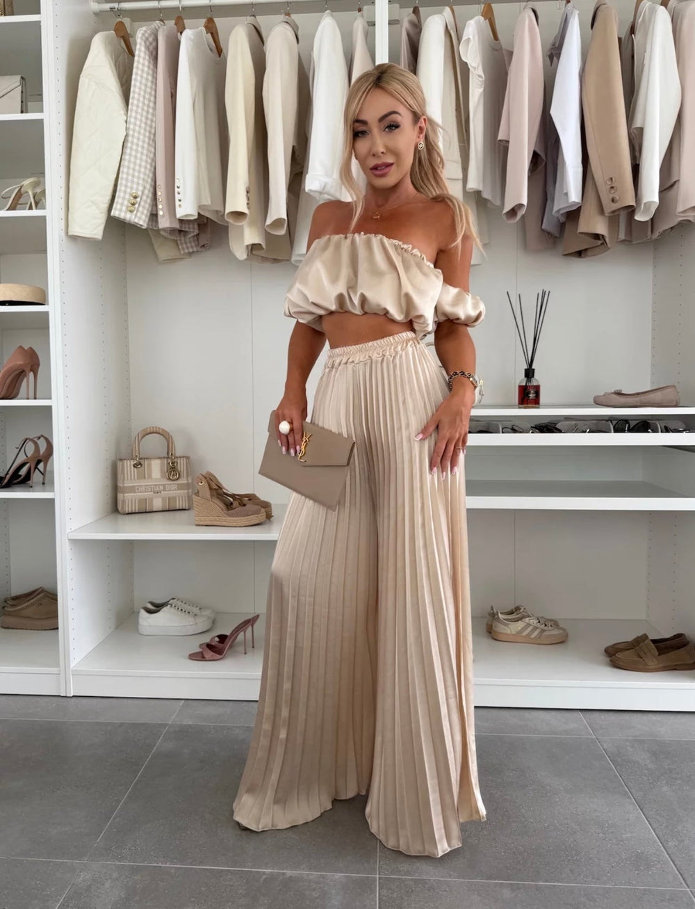 Jorie Off-Shoulder Pleated Wide-Leg Set