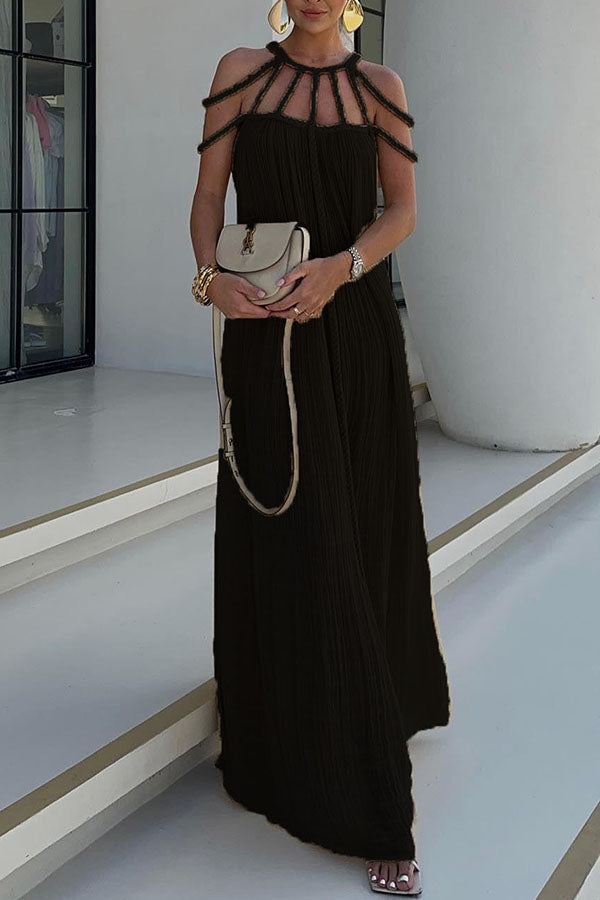 Pleated Maxi Dress with Cord-Detail Neckline
