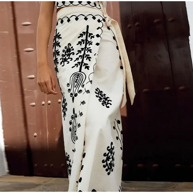 Embroidered Ethnic-Print Crop Top and Wrap Skirt Set