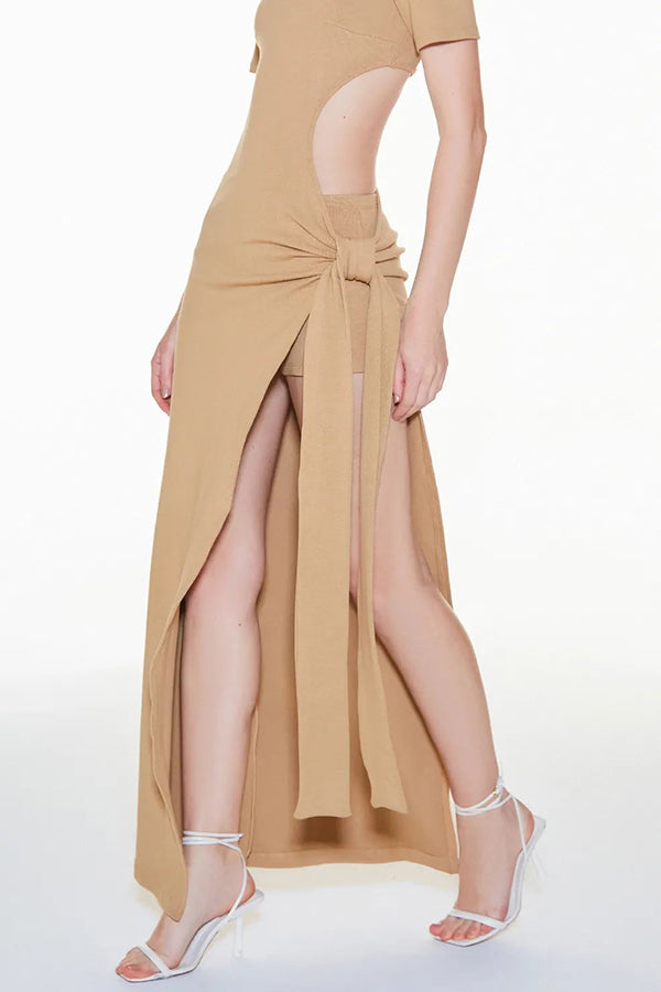 Long Ribbed Dress with Slit and Side Bow