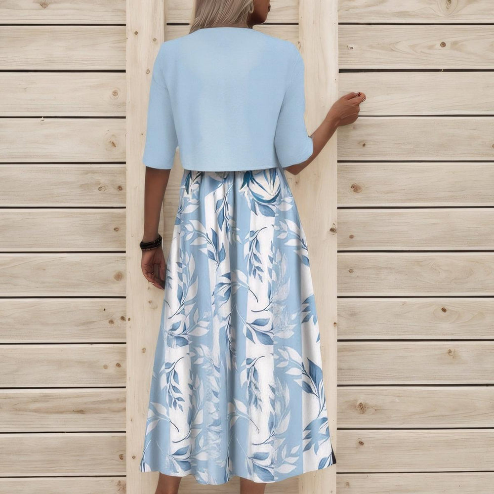 Blue Botanical Print Midi Dress and Jacket Set