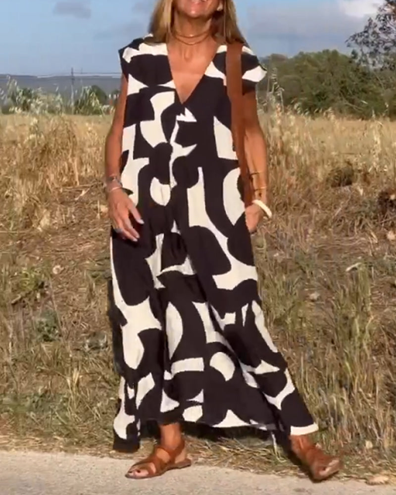 Sophia Printed V-Neck Short Sleeve Casual Midi Dress