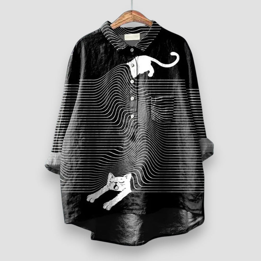 Vespera Loose Fit Puppy Print Long Sleeve Casual Blouse