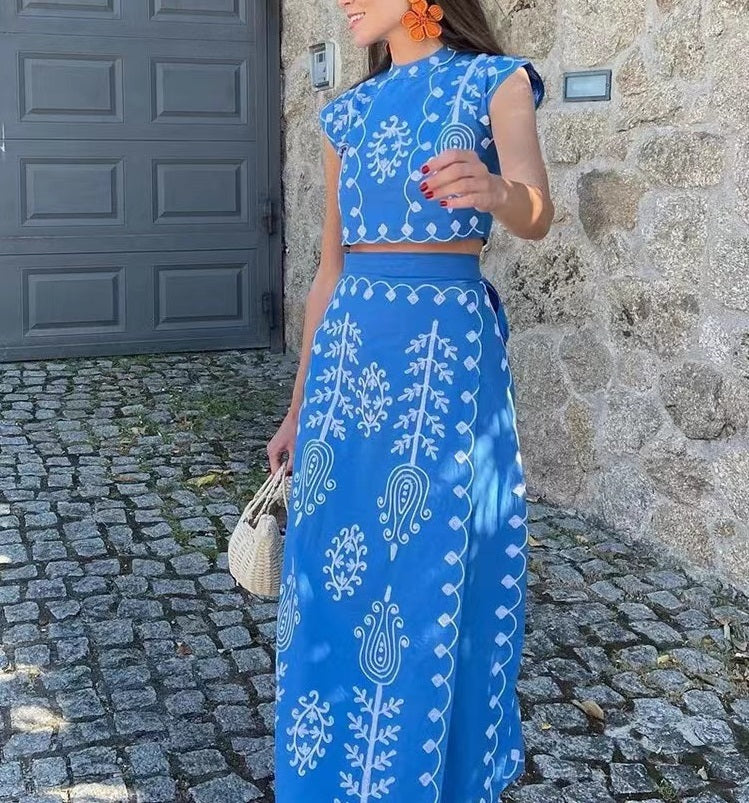Embroidered Ethnic-Print Crop Top and Wrap Skirt Set