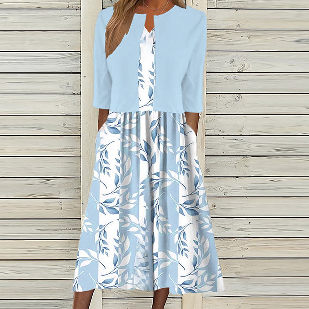 Blue Botanical Print Midi Dress and Jacket Set