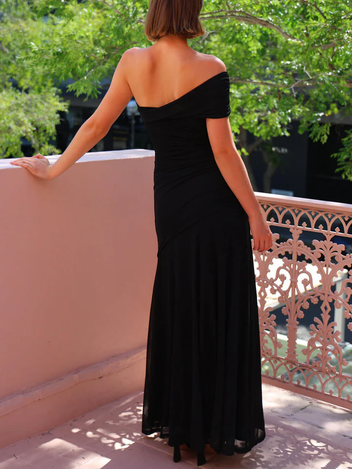 Elegance Effortless Mesh Off-Shoulder Ruched Maxi Dress
