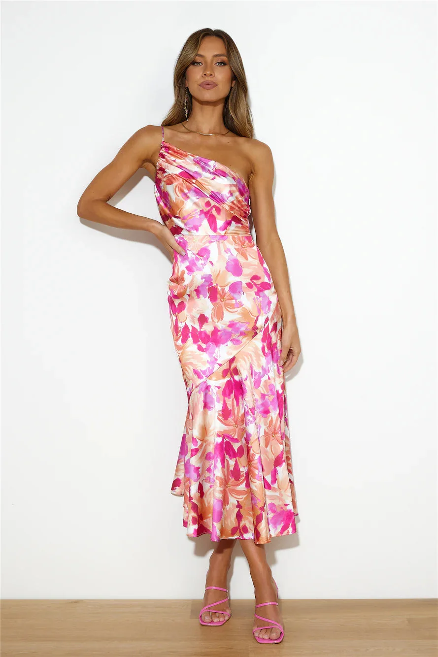 Asymmetric Floral Satin Ruched Dress
