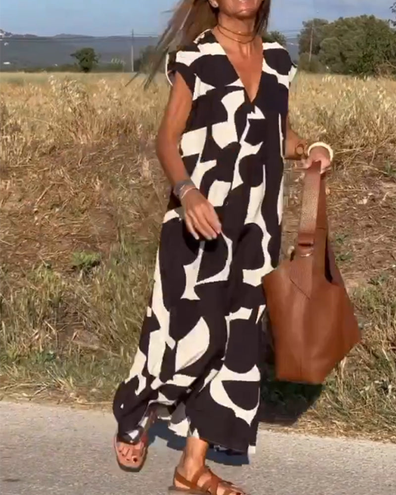 Sophia Printed V-Neck Short Sleeve Casual Midi Dress