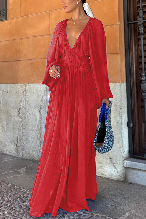 Long Blue Puff Sleeve Dress with Ruched Waist