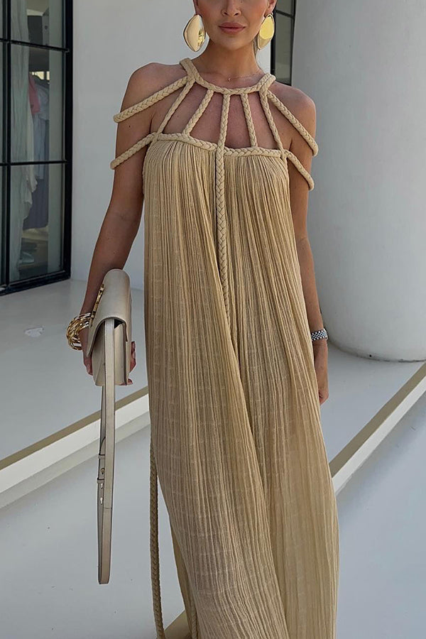 Pleated Maxi Dress with Cord-Detail Neckline