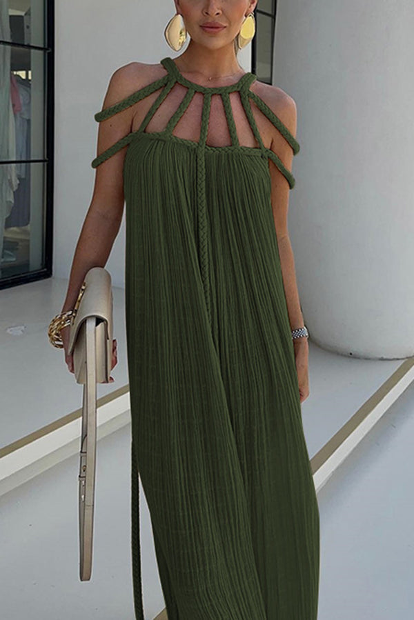 Pleated Maxi Dress with Cord-Detail Neckline