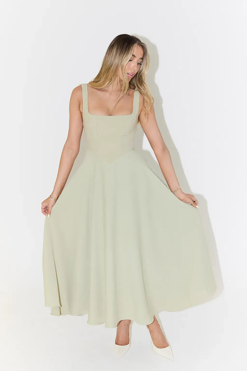 Yara-Belle High-Waist Square-Neck Midi Dress