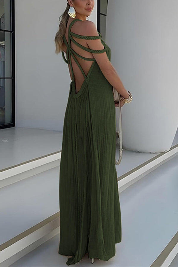 Pleated Maxi Dress with Cord-Detail Neckline
