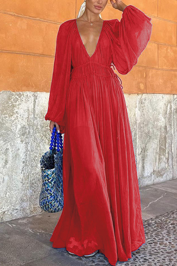 Long Blue Puff Sleeve Dress with Ruched Waist