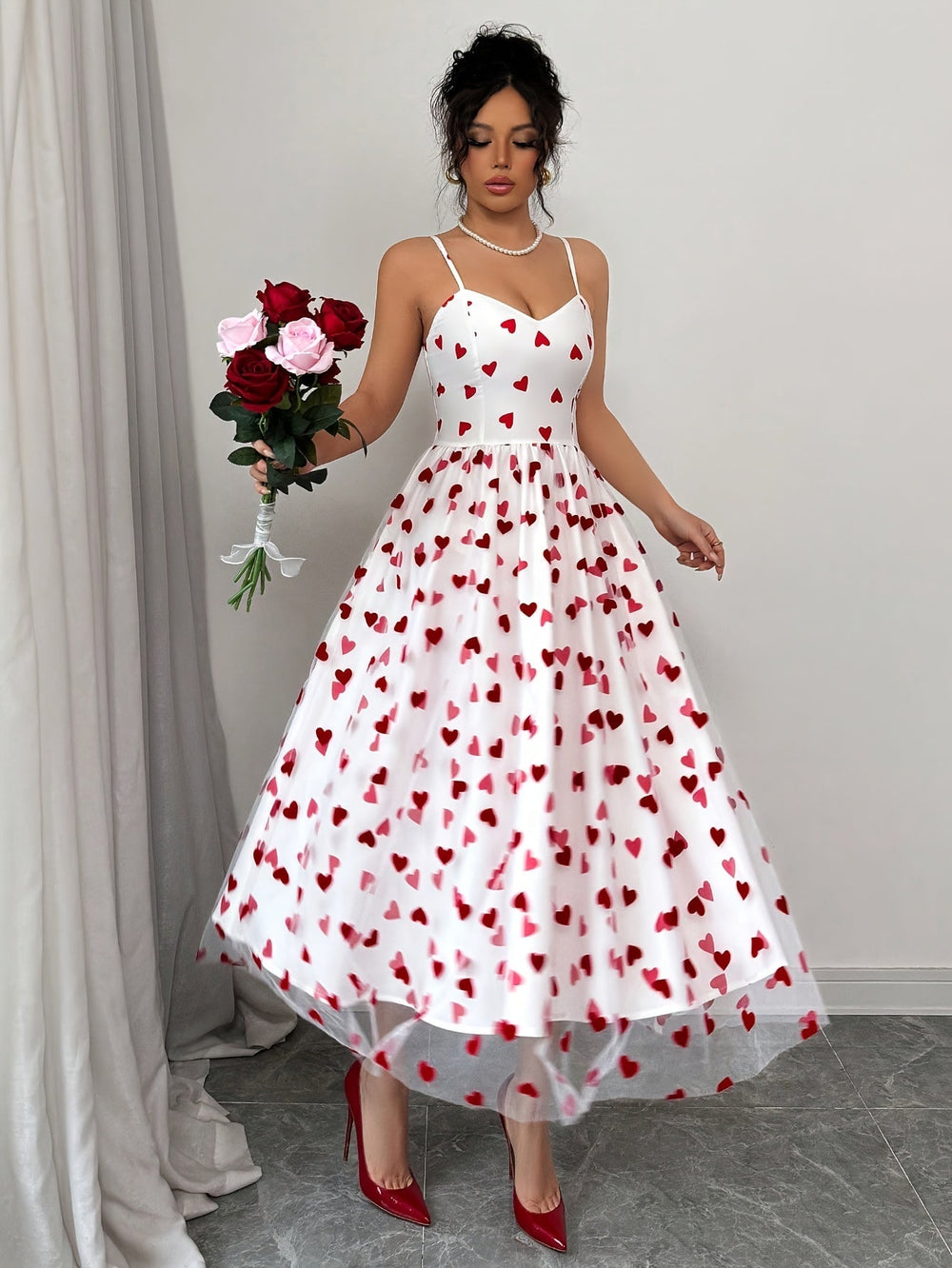 Amora Heart-Print Chiffon Slip Dress for Date Nights