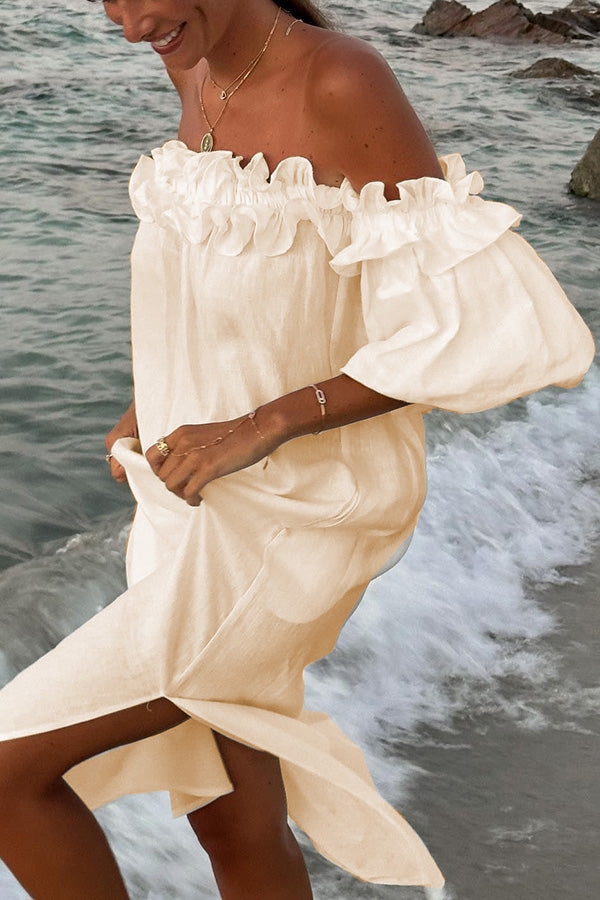 Off-Shoulder Ruffle Midi Dress with Puff Sleeves