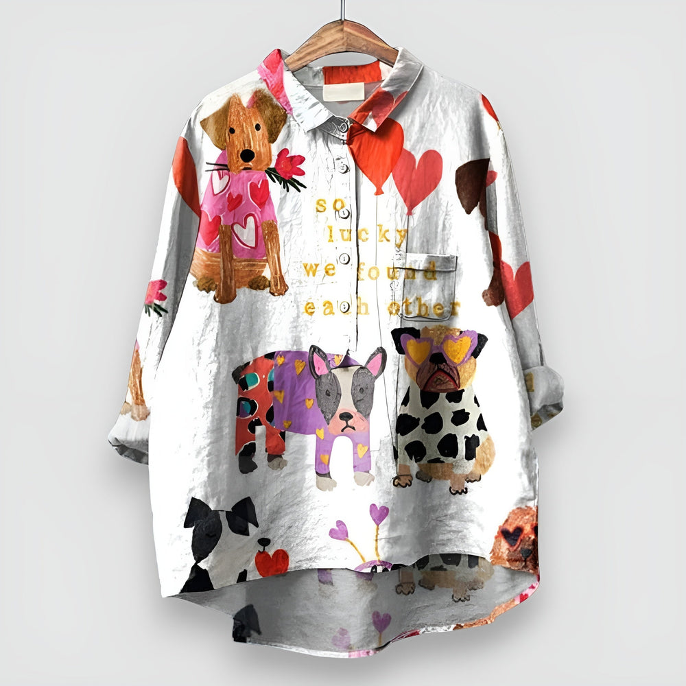 Vespera Loose Fit Puppy Print Long Sleeve Casual Blouse