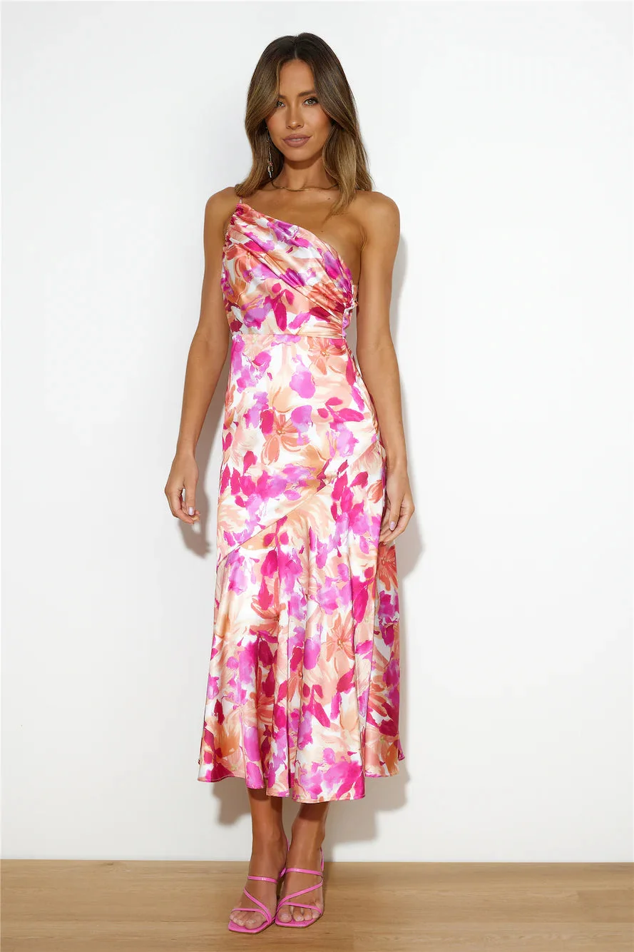 Asymmetric Floral Satin Ruched Dress
