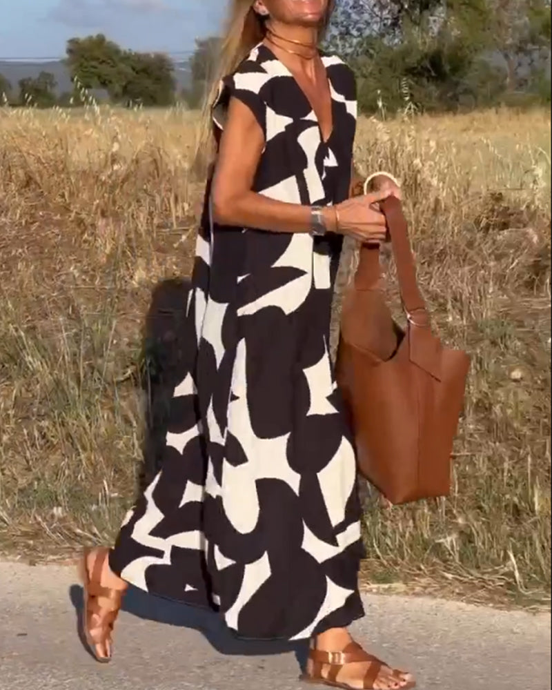 Sophia Printed V-Neck Short Sleeve Casual Midi Dress