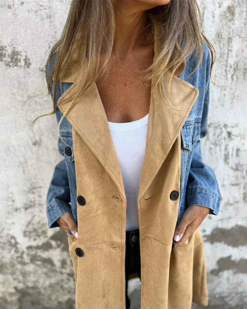 Concetta Denim and Faux Leather Tailored Outerwear Coat