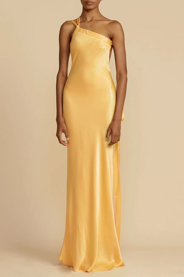 Asymmetric One-Shoulder Satin Gown with Open Back