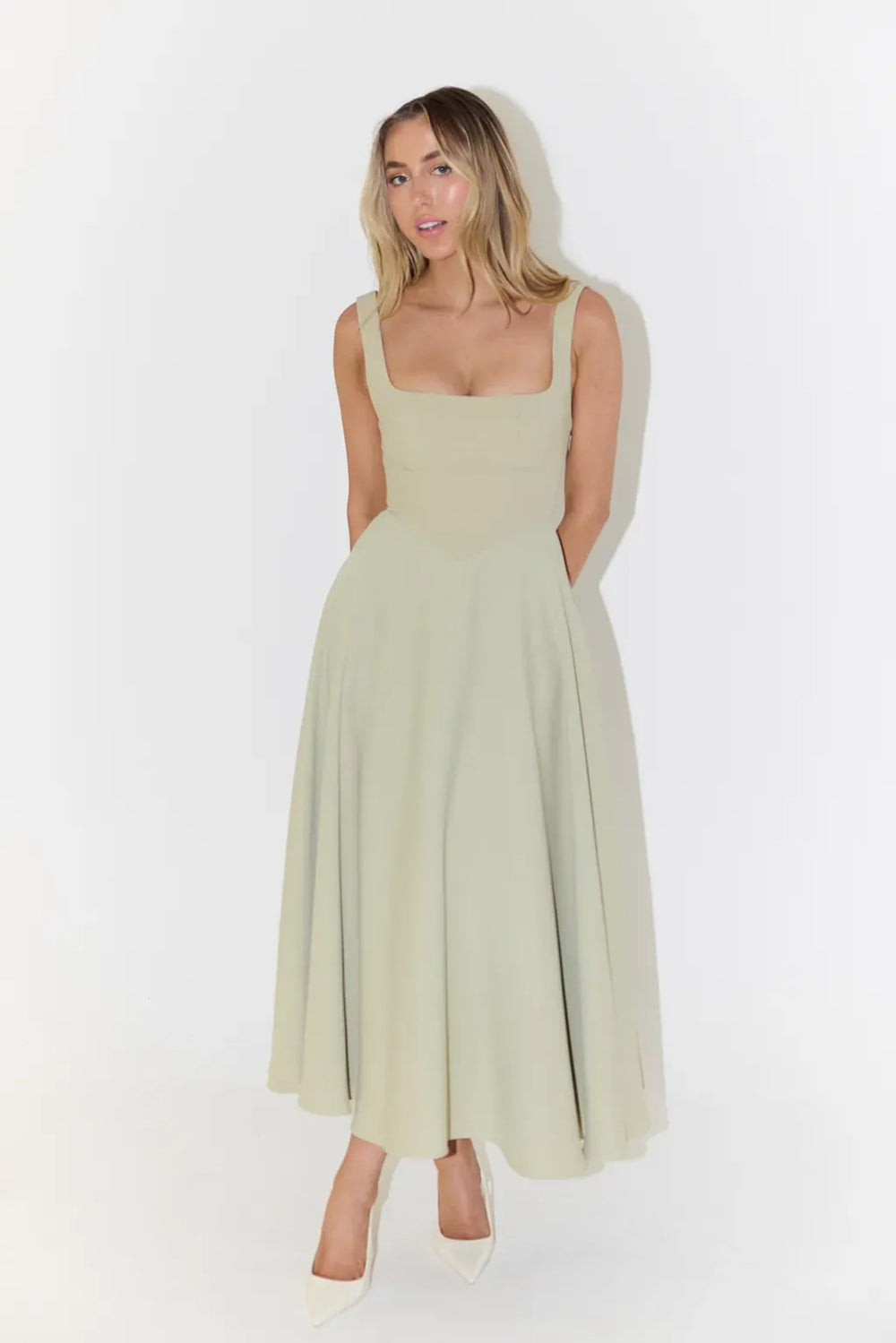 Yara-Belle High-Waist Square-Neck Midi Dress