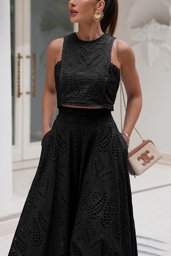 Embroidered Two-Piece Set with Long High-Waist Pocket Skirt