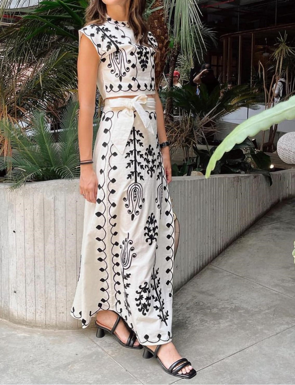 Embroidered Ethnic-Print Crop Top and Wrap Skirt Set