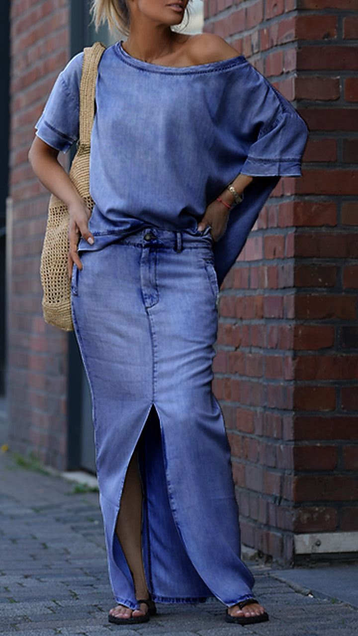 Amora Relaxed-Fit Cotton Denim Two-Piece Outfit Set