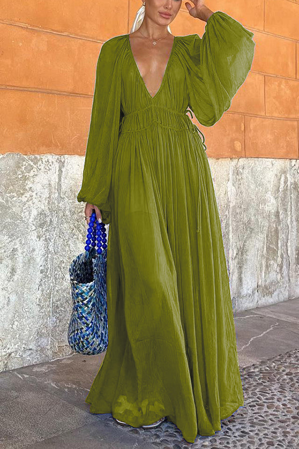 Long Blue Puff Sleeve Dress with Ruched Waist