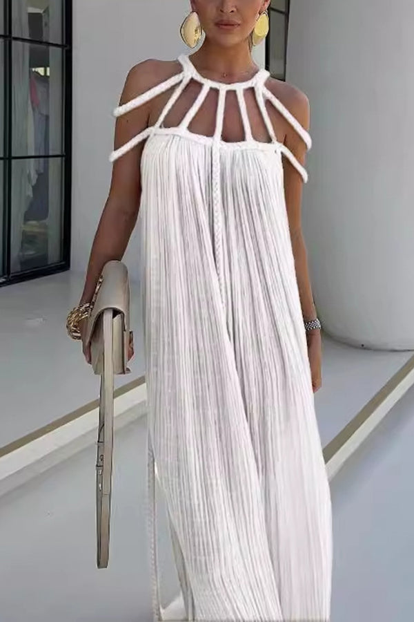 Pleated Maxi Dress with Cord-Detail Neckline